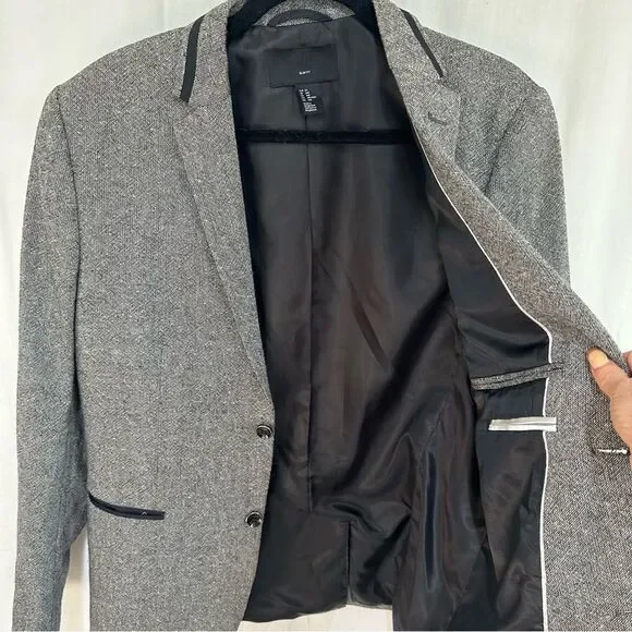 H&M black gray elbow patches contrast trim slim fitblazer sport jacket 44R